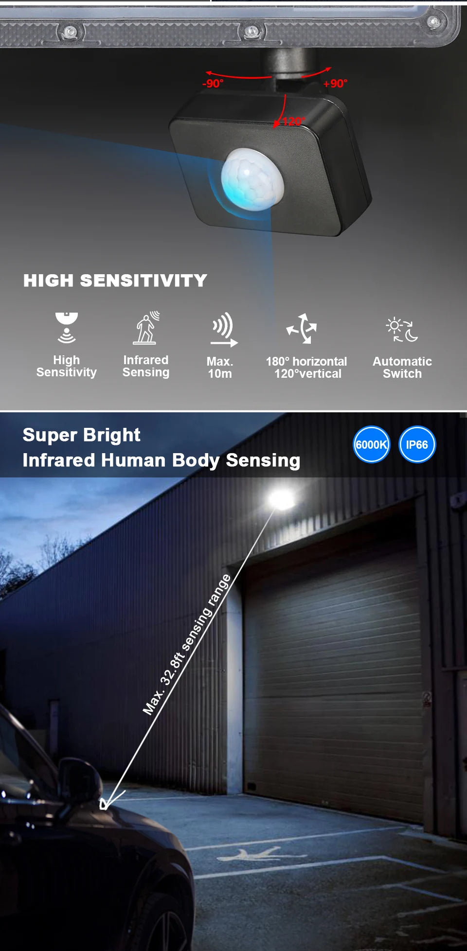 PIR Motion Sensor LED FloodLight 50W 100W 200W 300W 500W Outdoor Waterproof Reflector LED Spotlight For Street Garden Wall Light